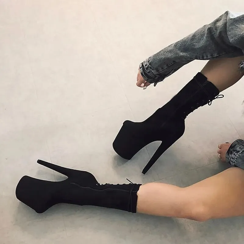 VCshoes Flock Round Toe Ankle Boots 20cm Catwalk Women's Pole Dance Stripper Heels Thin Heels Gothic Exotic Dancer Lace Up Queen Party