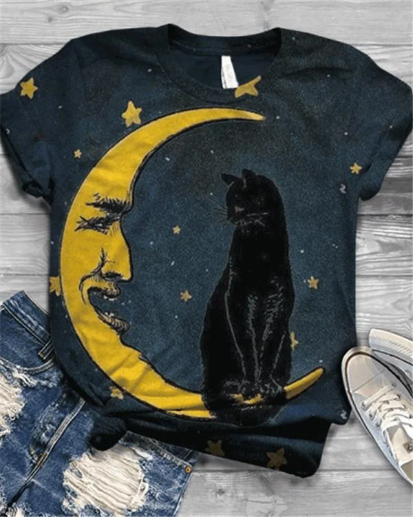 plus size cat printed vintage short sleeve crew neck shirts tops p94434