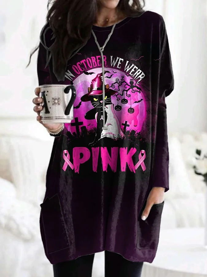 Halloween Cat In October We Wear Pink Pocket Print Tops socialshop
