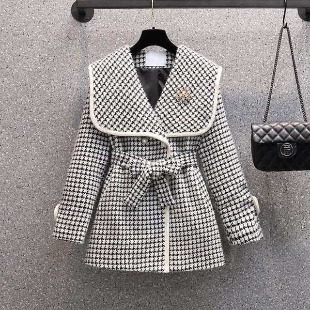 M-4XL Plus Size Dark Academia Long Sleeve Sailor Collar Plaid Tweed Coat SP17003