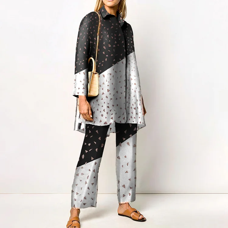 Patchwork Contrast Print Casual Two Piece Set