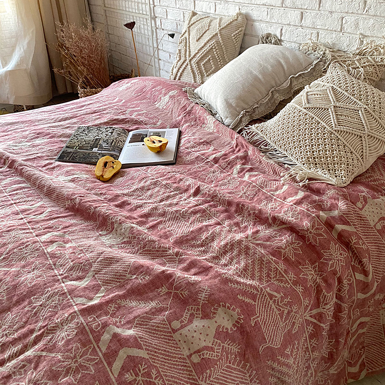 100% Flax Linen Blanket Pink Printed-ChouChouHome