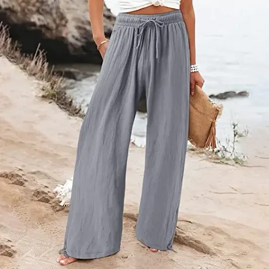 Summer Casual Loose Beach Pants Women's Wide Leg Pure Color Rope Detailing Long Trousers Comfortable Loose Fit Beachwear