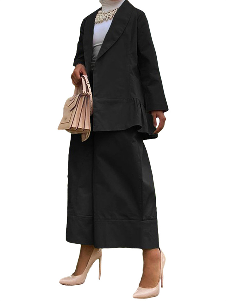 Women's Casual Solid Color Suit Collar Long Sleeve Lapel Pleated Hem Jacket High Waisted Loose Pants Wide Leg Pants Set