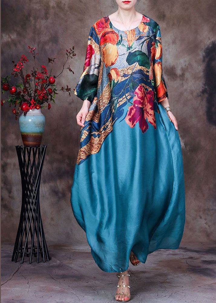 Beautiful Blue O-Neck Print Top Quality Silk Long Dress Bracelet Sleeve