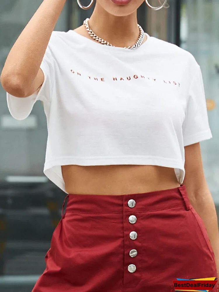 Letters Print O-neck Short Sleeve Casual Crop Top For Women