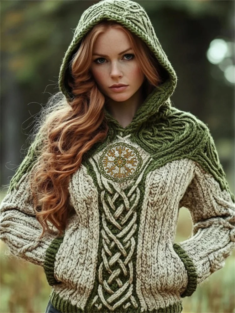 Viking Vegvisir Embroidered Celtic Contrast Cozy Hooded Sweater