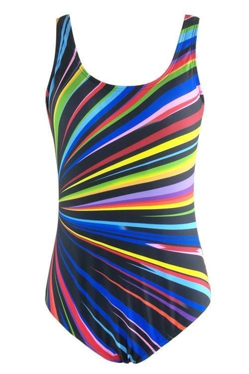 Black Scoop Neck Rainbow Stripe Print Backless Modest One Piece Swimsuit - Shop Trendy Women's Clothing | LoverChic