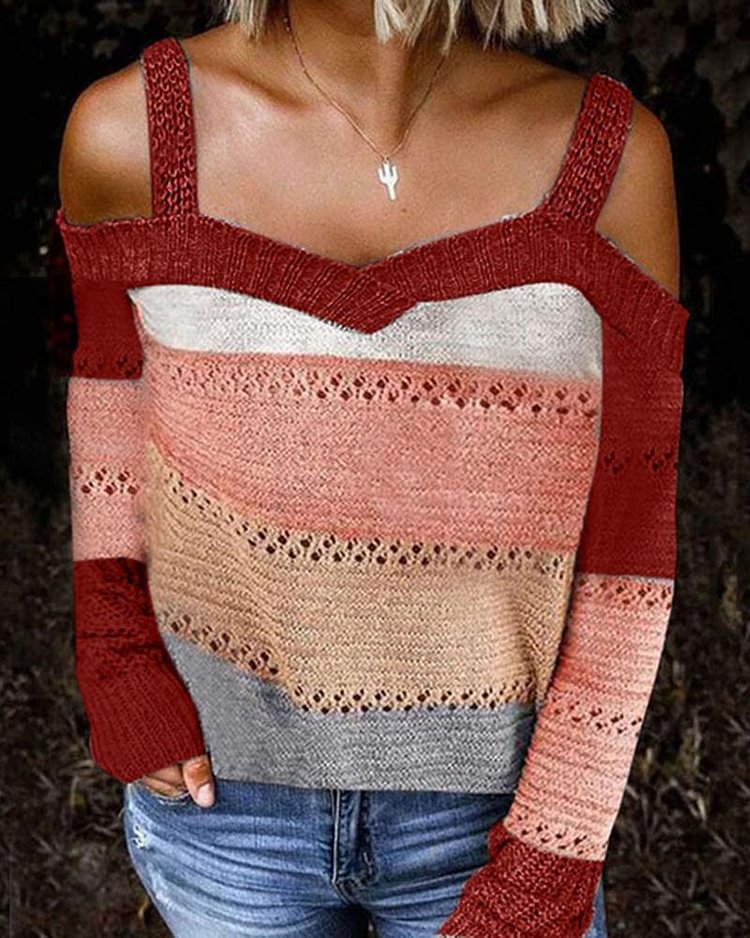 Colorblock Pointelle Knit Cold Shoulder Sweater - Shop Trendy Women's Clothing | LoverChic