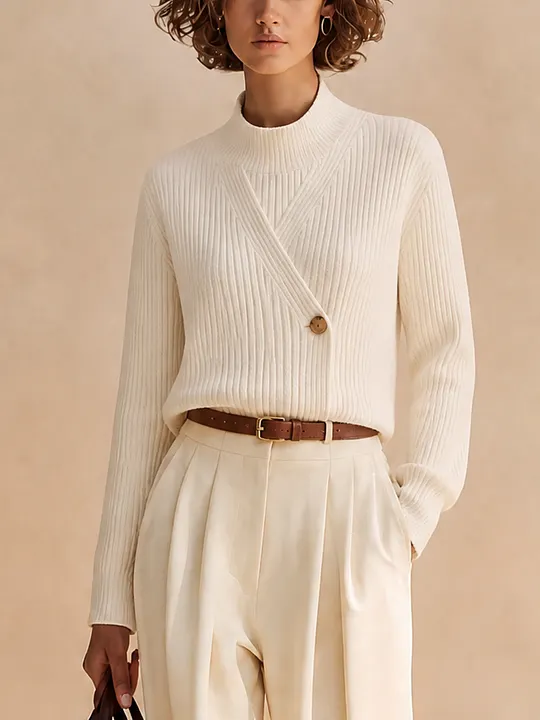 Women's Elegant Ribbed-Knit Mock-Neck Button-Detail Long-Sleeve Sweater MD