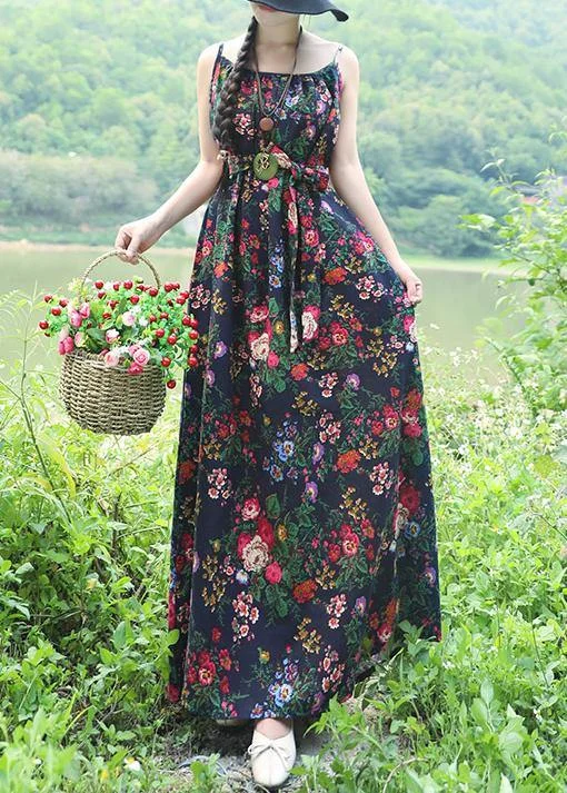 Modern blue floral linen cotton clothes Women o neck daily summer Dress