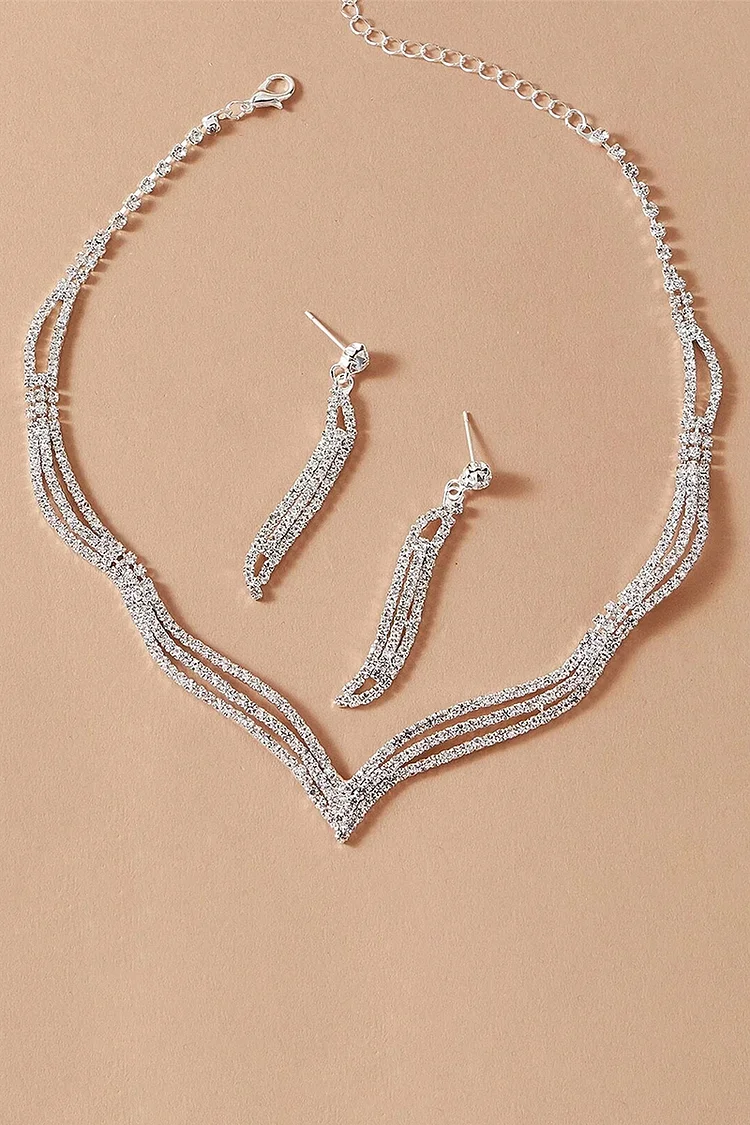 V-Shaped Rhinestone Necklace Dangle Earrings Elegant Jewelry Set-Silver