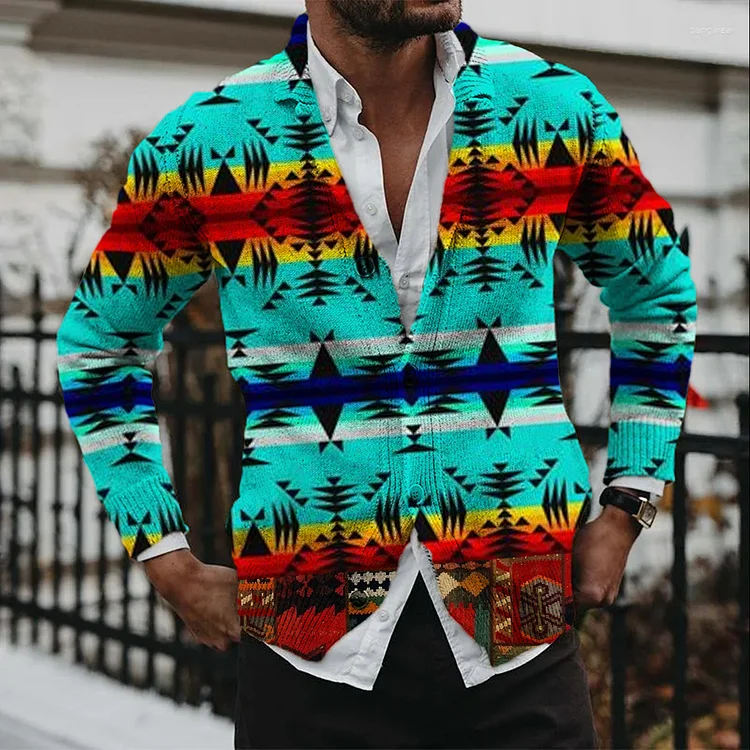 Men's Casual Green Aztec Printed Knitted Button Cardigan