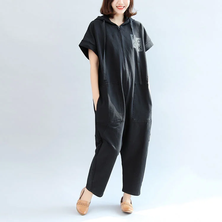 2021 black casual cotton hooded short sleeve tops and jumpsuit jeans