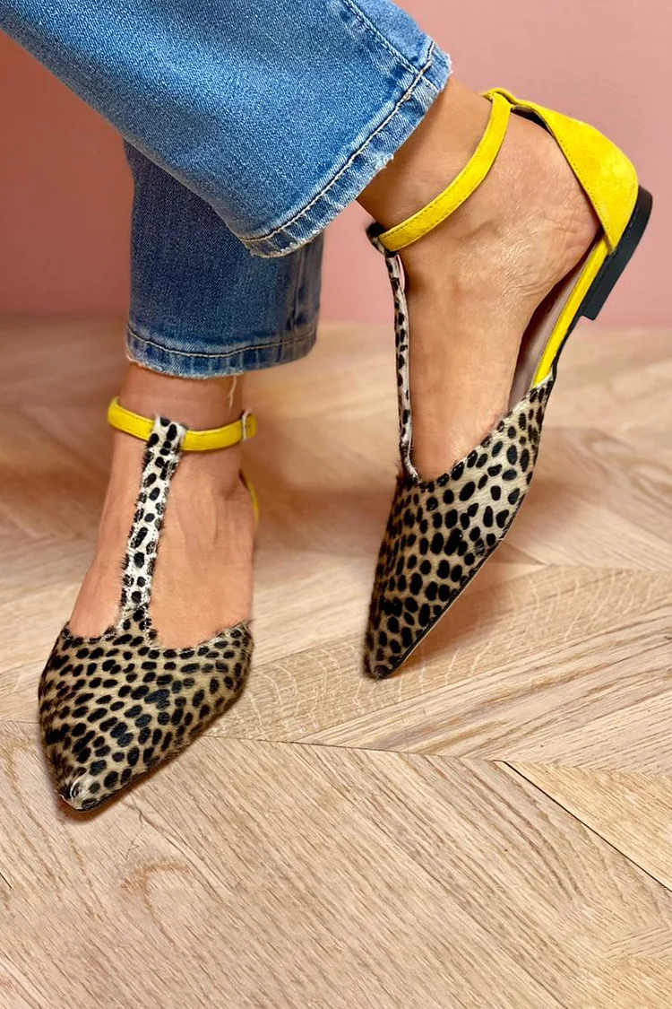 Leopard Print Colorblock Ankle Straps Buckle Pointy Toe Casual Flats