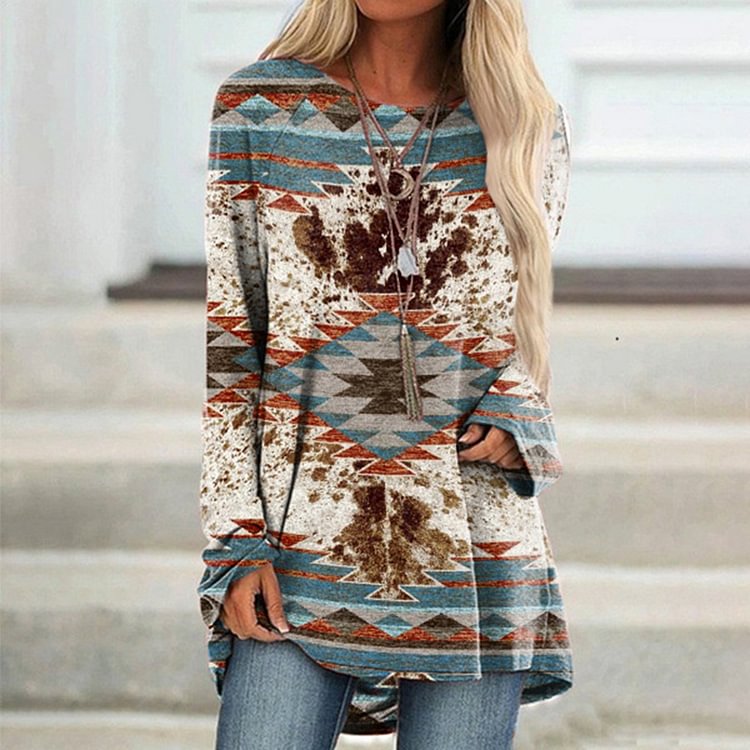 Vefave Vintage Western Print Crew Neck Long Sleeve Tunic