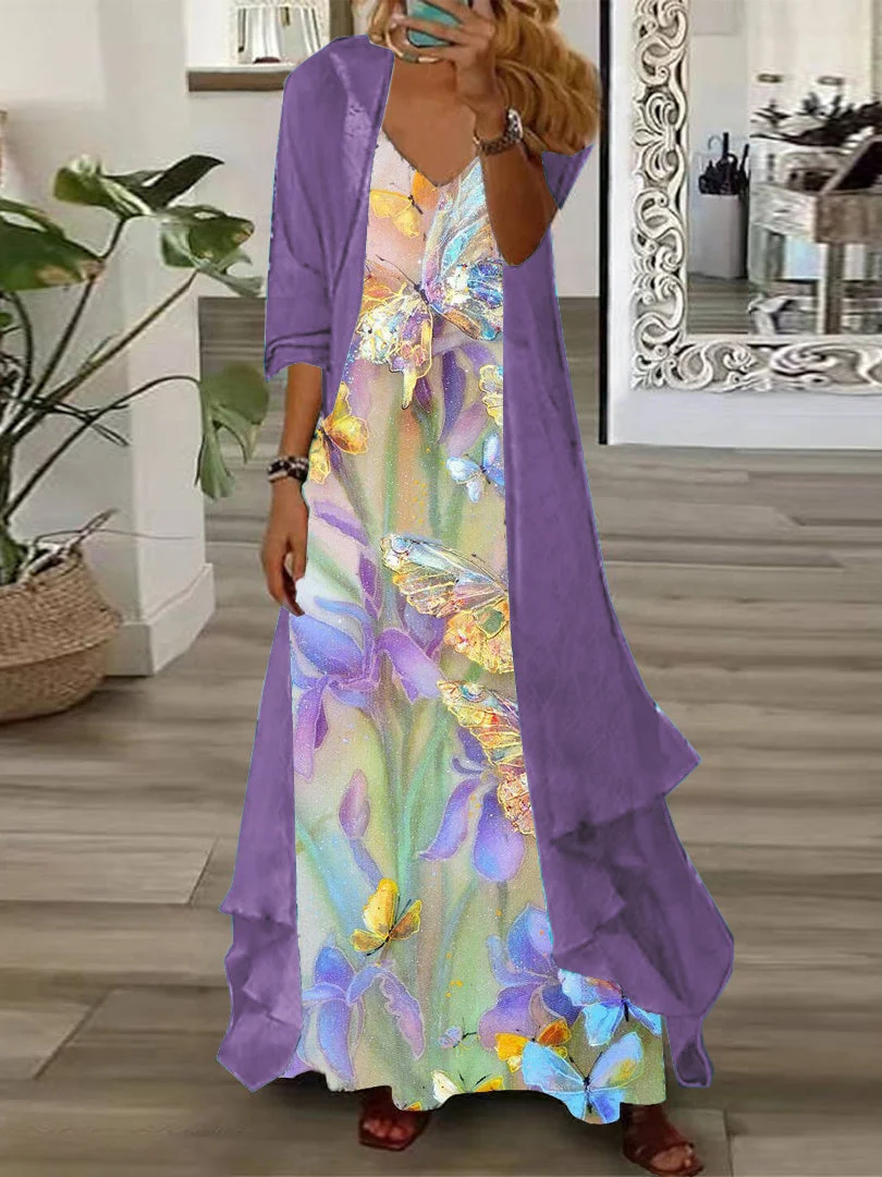 Women's Long Sleeve V-neck Floral Printed Two Pieces Maxi Dress