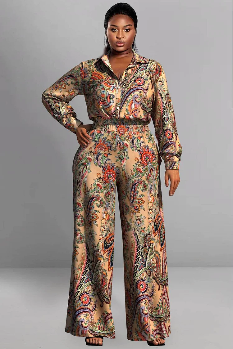 Plus Size Semi Formal Pant Set Multicolor Boho Tribal Long Fall Winter Shirt Collar Long Sleeve Two Piece Pant Set With Pocket [Pre-Order]