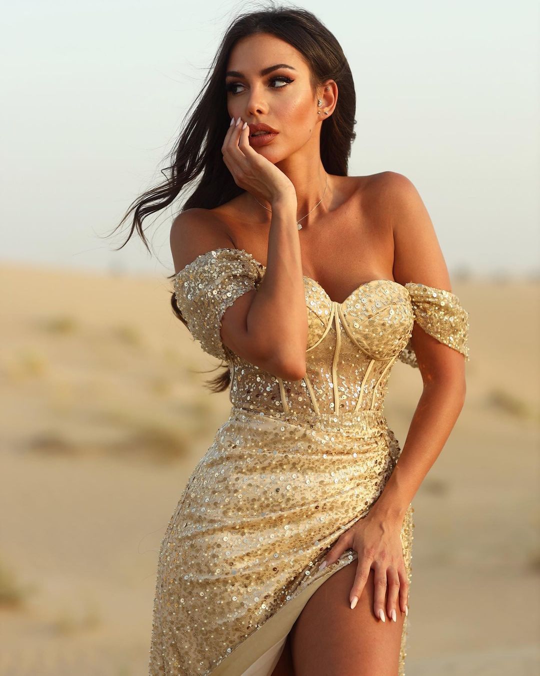 Sequins Off-the-shoulder Champagne Evening Dress Gown YL0246