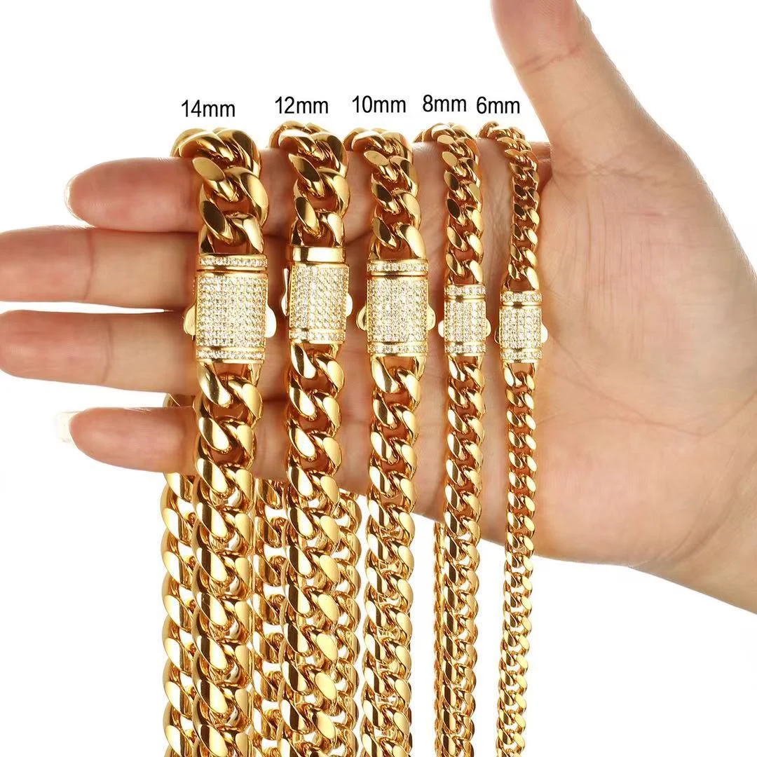Gold Titanium Stainless Steel 6/8/10/12/14MM Width 16"-30"Length Fashion Snap Button Jewelry Miami Cuban Chain Necklace For Men