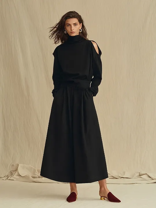 Women's Black Soft Woven Two-Piece Set With Turtleneck Cold Shoulder Long Sleeve Top & Side Pocket Skirt, Minimalist Elegant Smart Casual Matching Outfit MD