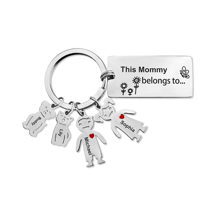 Personalized Family Keychain Custom 4 Names for Kid and Pet Charms