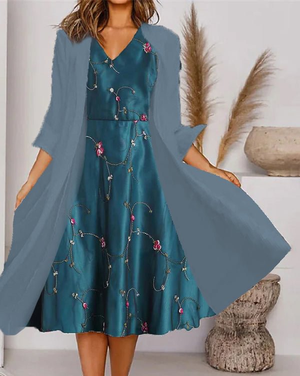 Fake Two Piece Waisted V Neck Chiffon Coat Dress - Chicaggo