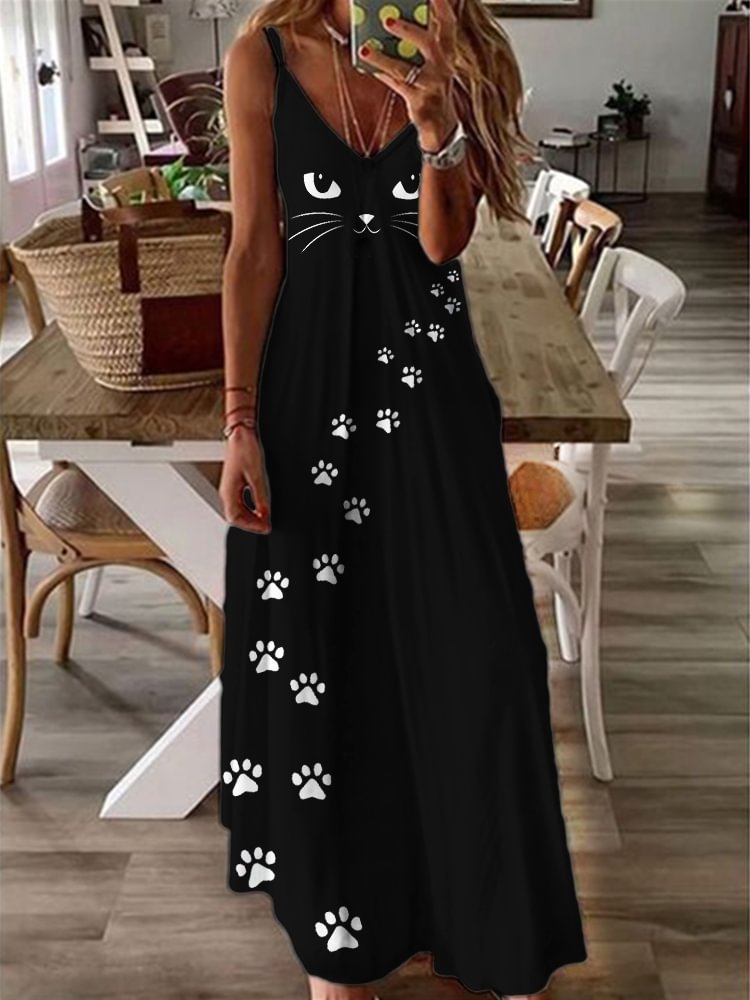Comstylish Black Cat Face Paw Print Maxi Cami Dress