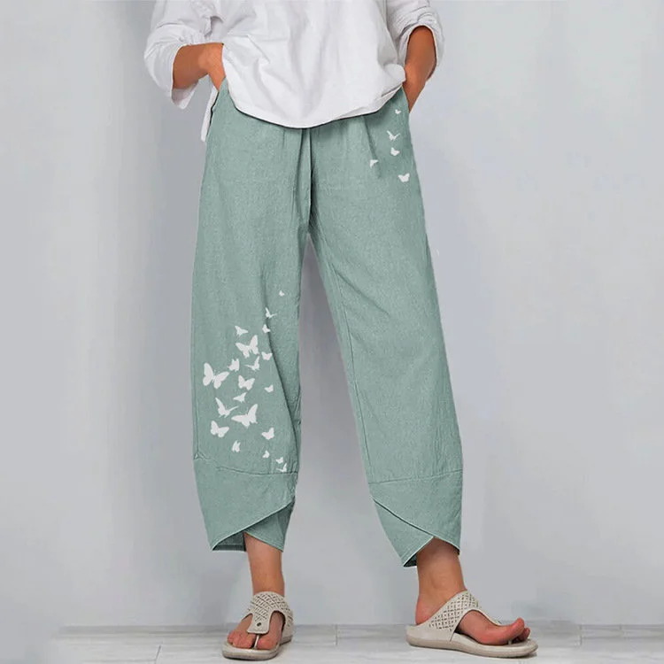 Summer Casual Loose Cotton Linen Butterfly Print Pants