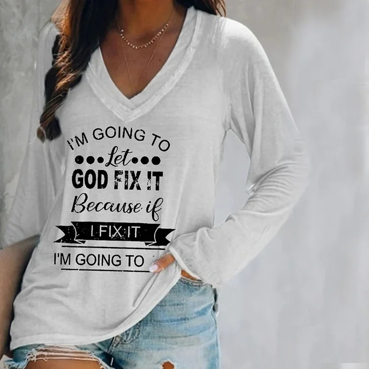Vefave Women's Faith Letters Print V Neck Long Sleeve T-Shirt