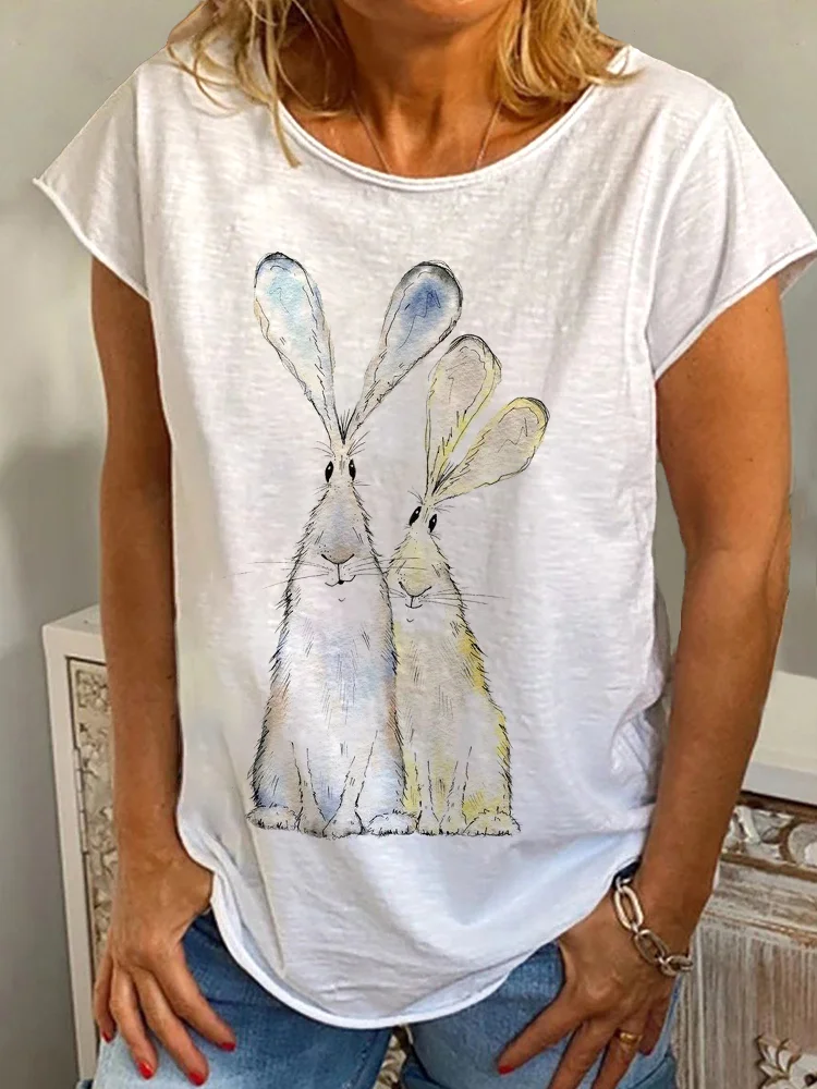 Comstylish Watercolor Bunny Print Casual Cozy T-Shirt
