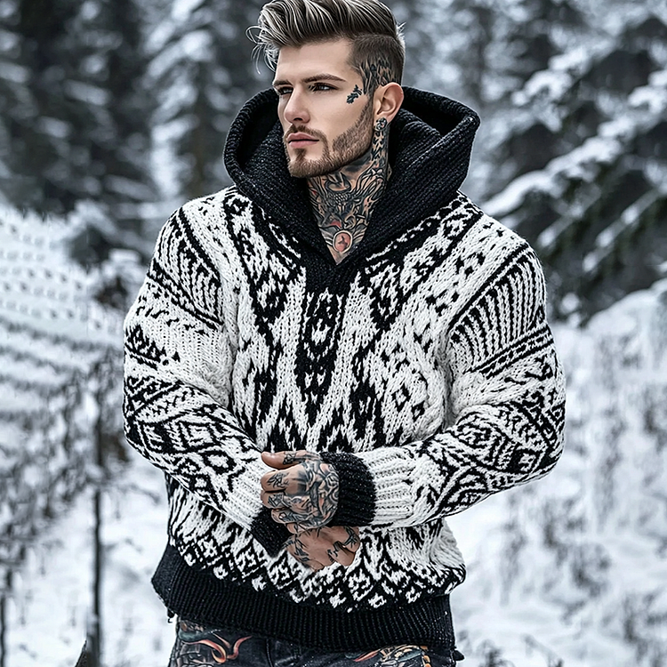 Men's Viking Pattern Jacquard Celtic Cozy Hooded Sweater