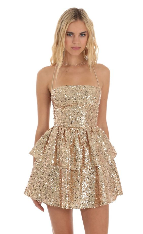 Lussooy Champagne Chic Halter Sequins Short Mini Homecoming Dress