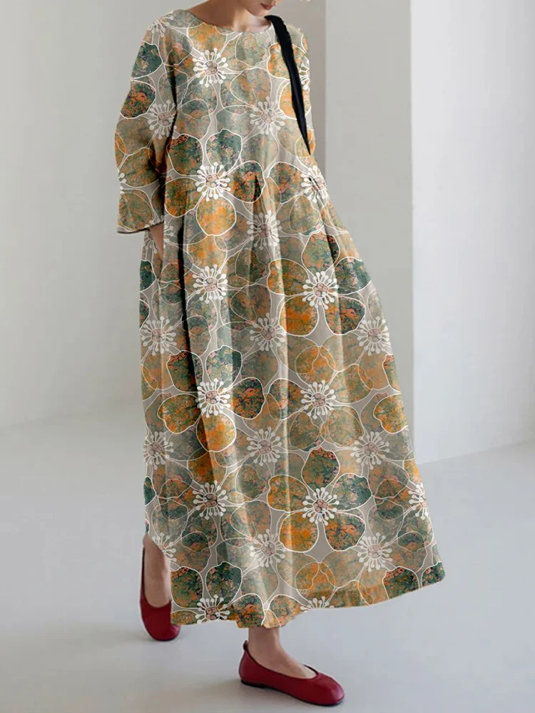 Comstylish Vintage Blossomy Floral Pattern Linen Blend Maxi Dress