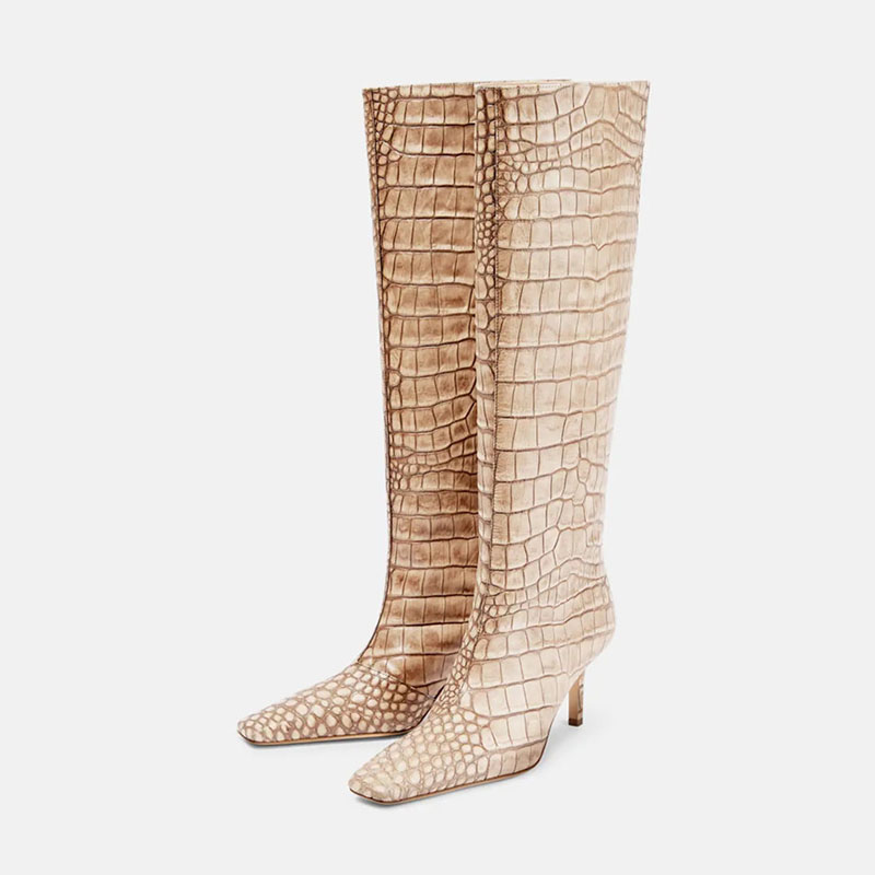VCSHOES Crocodile Grain Knee High Boots Square Toe Super High Heel Patchwork Modern Boots Extra