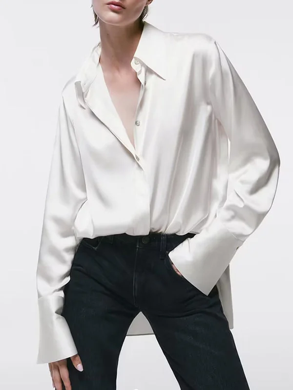 Casual Roomy Long Sleeves Buttoned Pure Color Lapel Collar Blouses&Shirts Tops