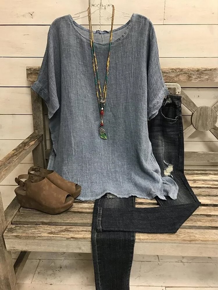 Solid Color O Neck Loose Casual T shirt For Women P1669259