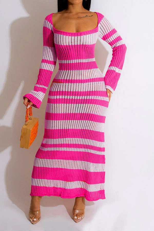 Color Block Casual Hollow-Out Knitted Maxi Dress