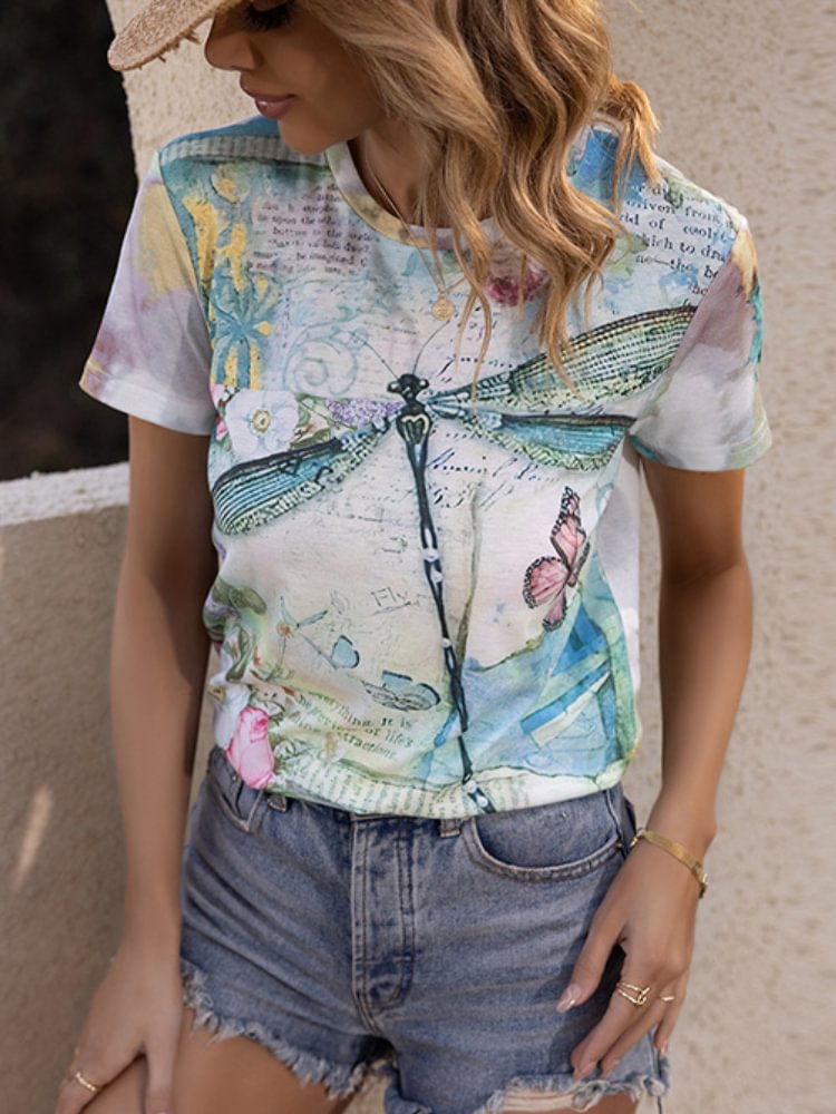 Dragonfly Floral Art Graphic T Shirt