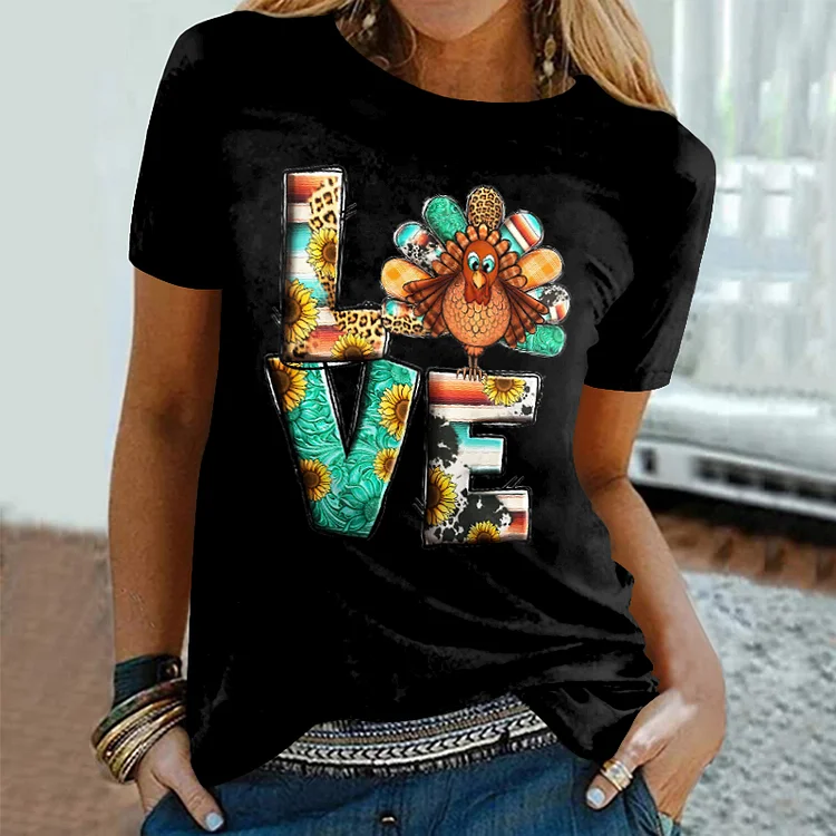 Vefave Casual Turkey Print Short Sleeve T-Shirt