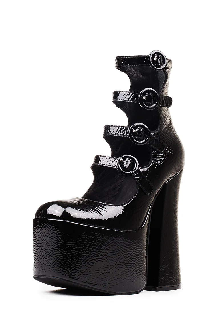 Black Patent Leather Buckles Gladiator Heels Platform Stripper Shoes |FSJ Shoes
