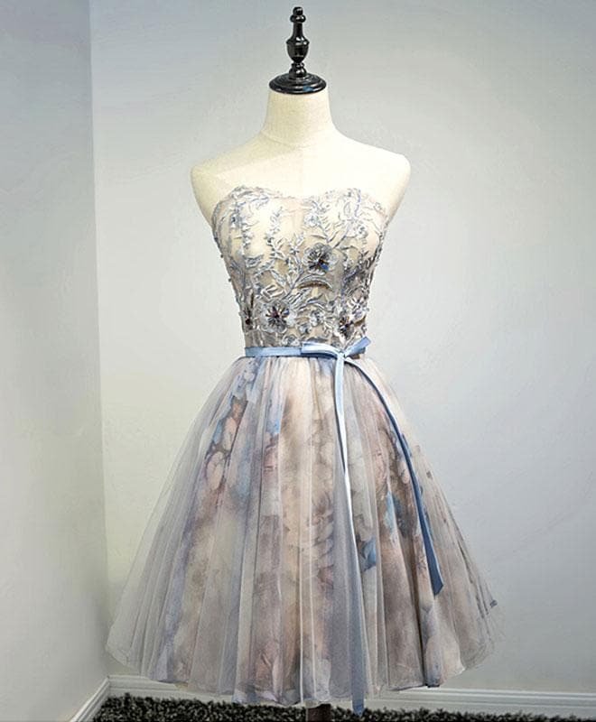 Gray Sweetheart Neck Tulle Lace Short Prom Dress, Homecoming Dress