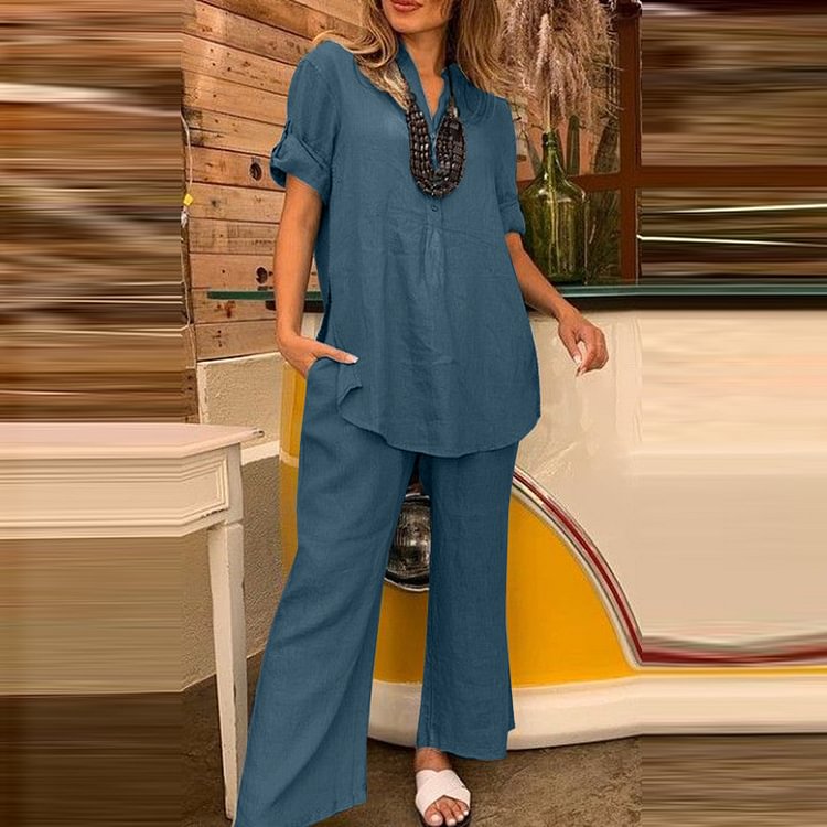 Comstylish Casual Elegant Solid Color Short Sleeve V Neck Shirt Two-Piece Set