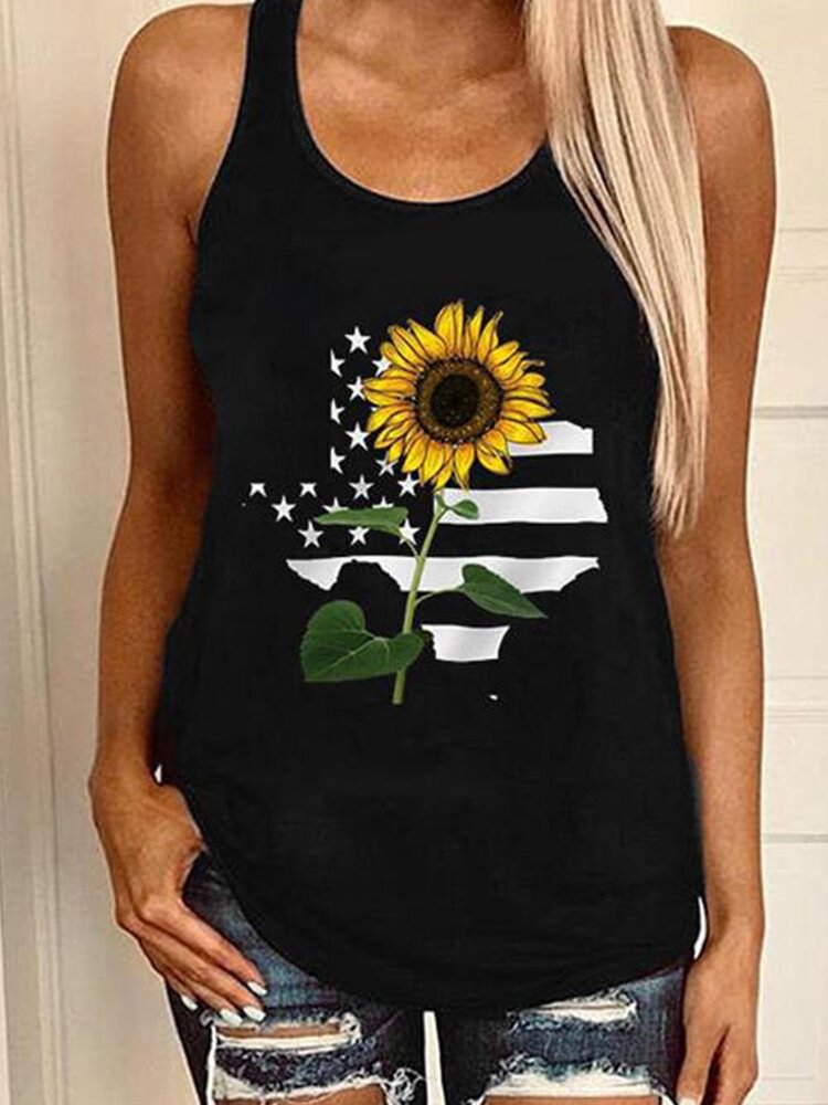 Striped Sunflower Print O neck Casual Tank Top for Women P1692078