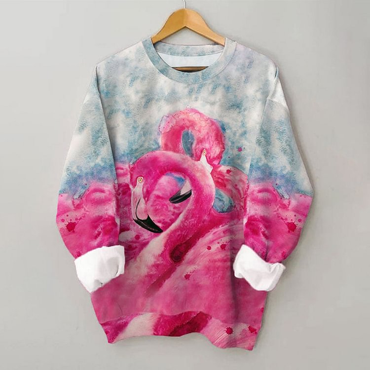 Comstylish Flamingo Print Long Sleeved Casual Sweatshirt