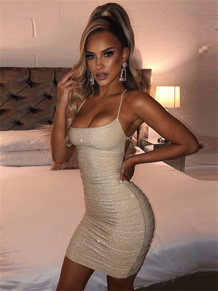 Women's Sheath Dress Party Dress Short Mini Dress Champagne Gold Blue Sleeveless Pure Color Backless Ruched Spring Summer Cold Shoulder Personalized Stylish Hot Party Slim 2022 S M L XL XXL-Cosfine