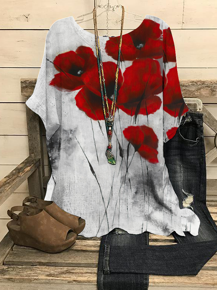 Flower Print Round Collar Short Sleeves Loose T-Shirt