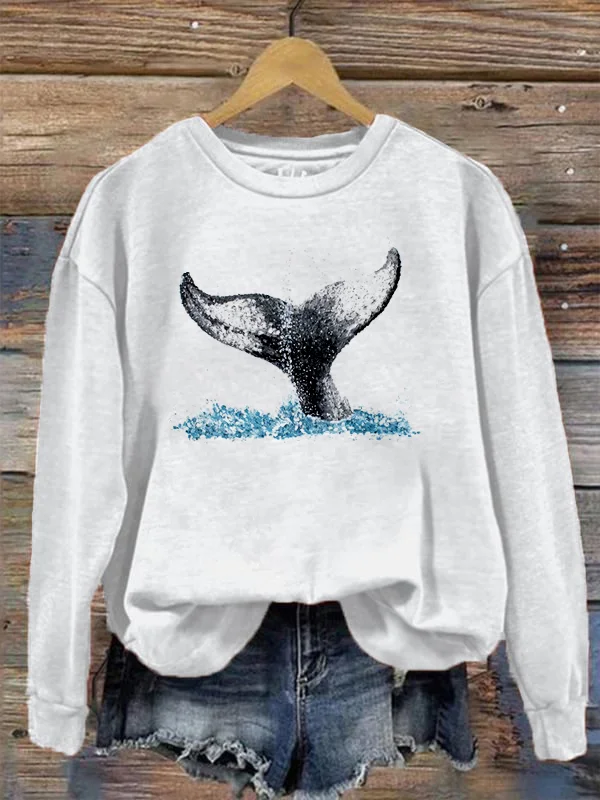 Women's Casual Ocean Lover Top Whale Tail Print Sweatshirt