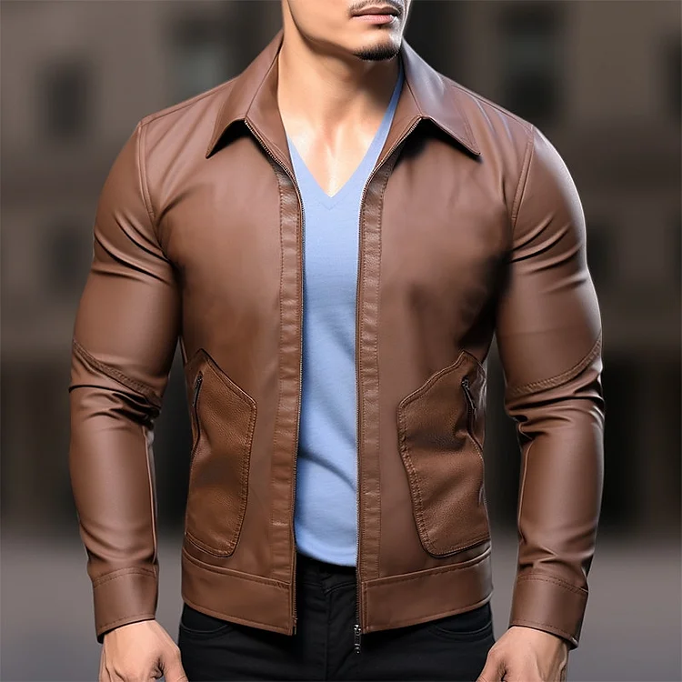 Men's Solid Turndown Collar Leather Pocket Zipper Jacket