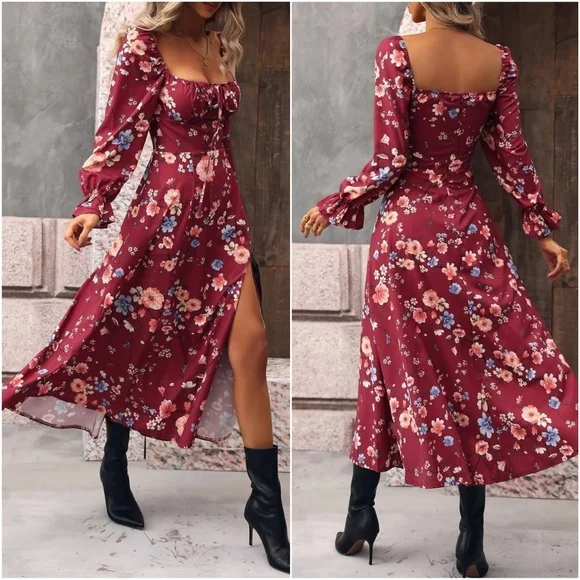 Women's Boho Floral Print Ruffle Sleeve Maxi Dress